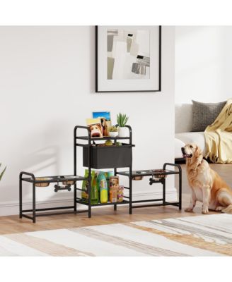 Black Elevated Dog Bowl Stand - 3 height adjustable, 2 feeding stations, built-in toy bin basket. Neat, ergonomic design