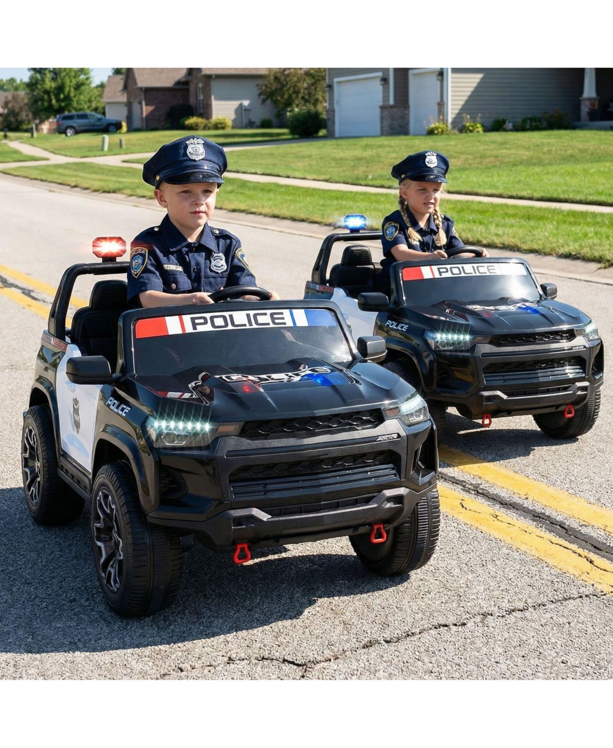 Slickblue Kids 24V Police Ride-On Car, 2-Seater 4WD with Megaphone and Led Lights