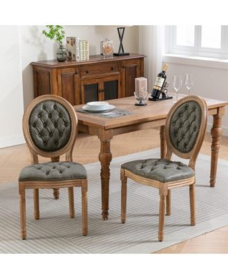 French Dining Chairs Set of 2, Vintage Wooden Kitchen Chairs with PU Leather Upholstered Tufted Seat, Nailhead Trims for Dining Room