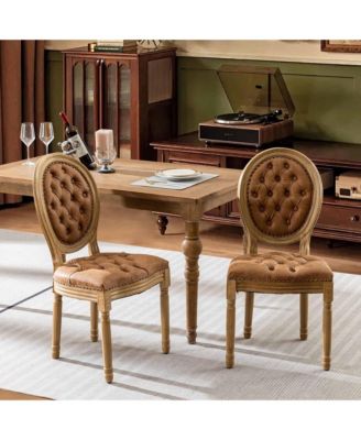 French Dining Chairs Set of 2, Vintage Wooden Kitchen Chairs with PU Leather Upholstered Tufted Seat, Nailhead Trims for Dining Room