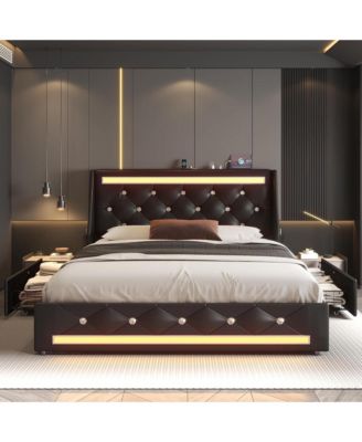 Bed Frame with Wingback Upholstered Diamond Headboard and 2 Storage Drawers