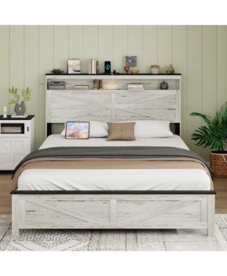 Fully floating bed frame with LED lights and charging station cushion platform bed frame