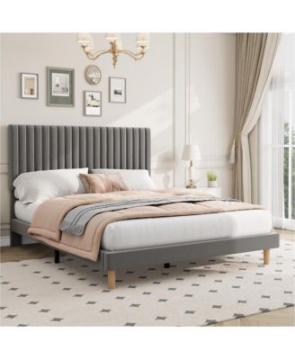Bed Frame, Upholstered Platform Bed Frame with Vertical Channel Tufted Adjustable Headboard, Strong Wooden Slats Support