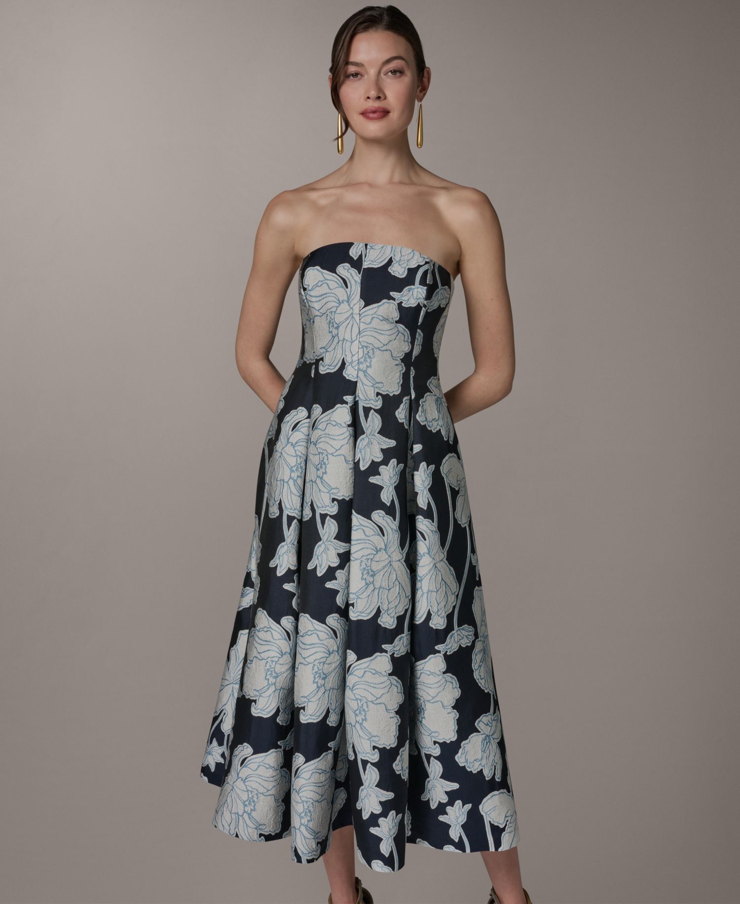 Women's Strapless Jacquard Fit & Flare Floral Midi Dress