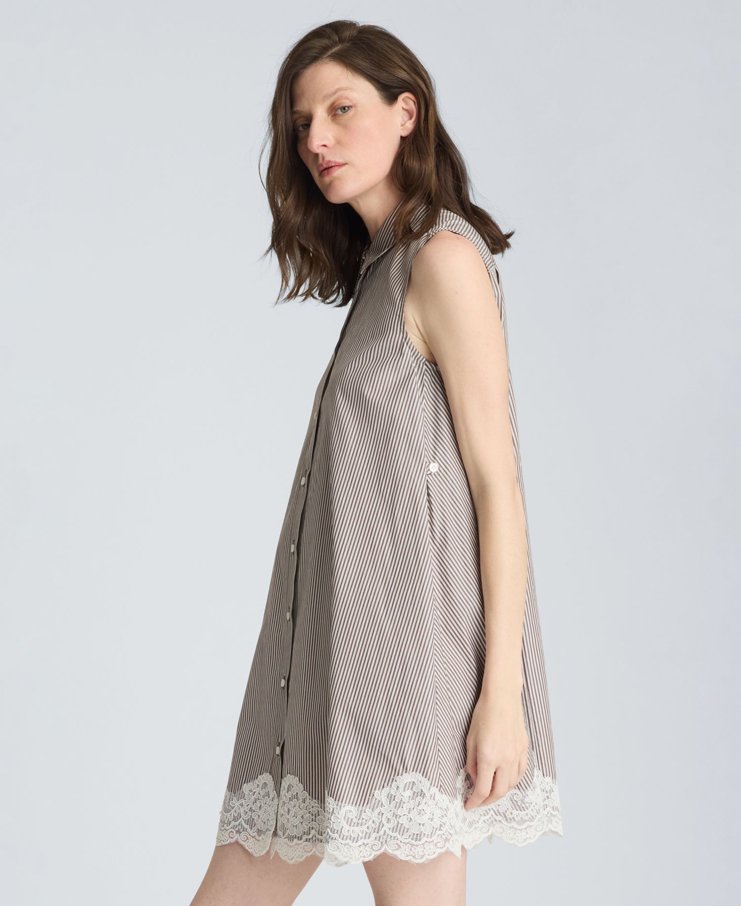Women's Striped Collared Neck Swing Shirt Dress with Lace Trim