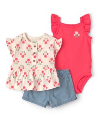 Baby Girls' Floral Top, Bodysuit and Shorts, 3-Piece Set