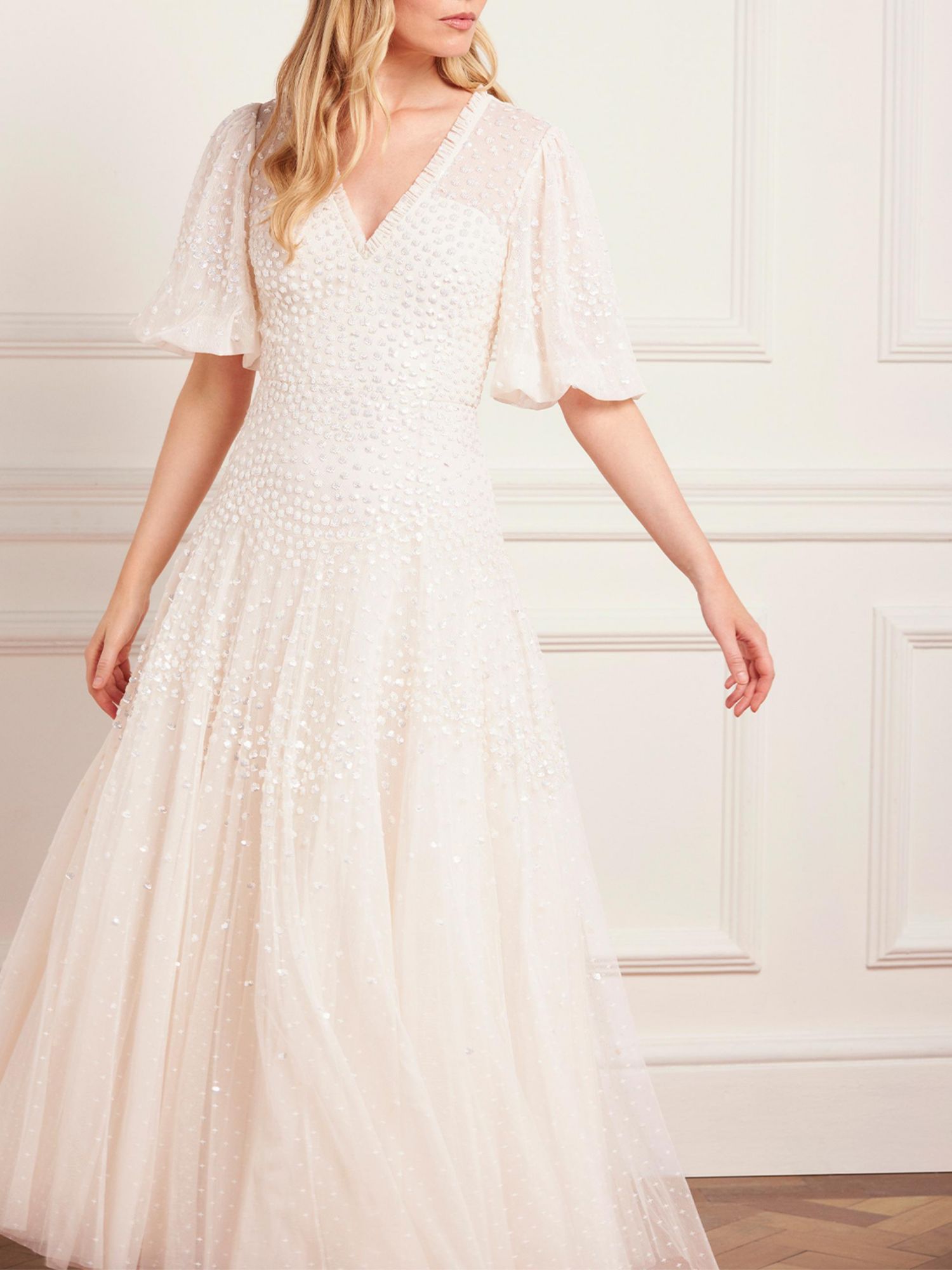 Women's Scallop Sequin V-neck Ankle Gown