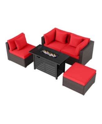 5-Piece Rattan Sofa Set with 60,000 BTU 2-in-1 Firepit Table and Ottoman