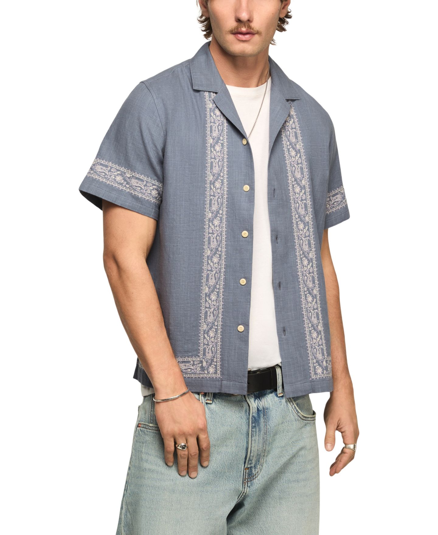 Мужской топ Lucky Brand Detailed Lace Trim Camp Collar Short-Sleeve, цвет: Синий — фото 1