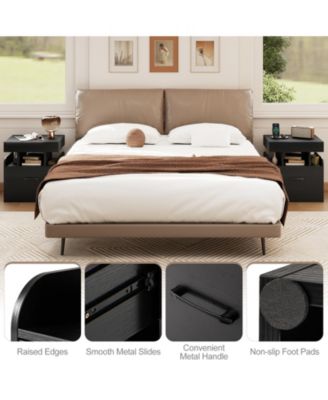 2-Piece Nightstand with Charging Station Drawer Sliding Top Storage Tray Open Shelves