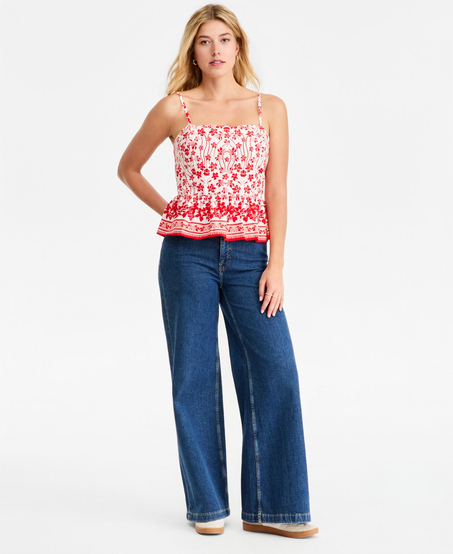 Women's Printed Cotton Tie-Back Peplum Top