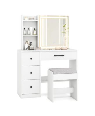 Vanity Desk with Sliding Mirror, LED Lights, 4 Drawers and Chair Set