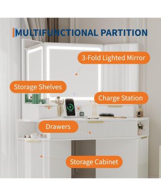 Corner Vanity, Corner Vanity Desk with Mirror and Lights, Fluted Makeup Table with Charging Station, Drawers, Storage Cabinets