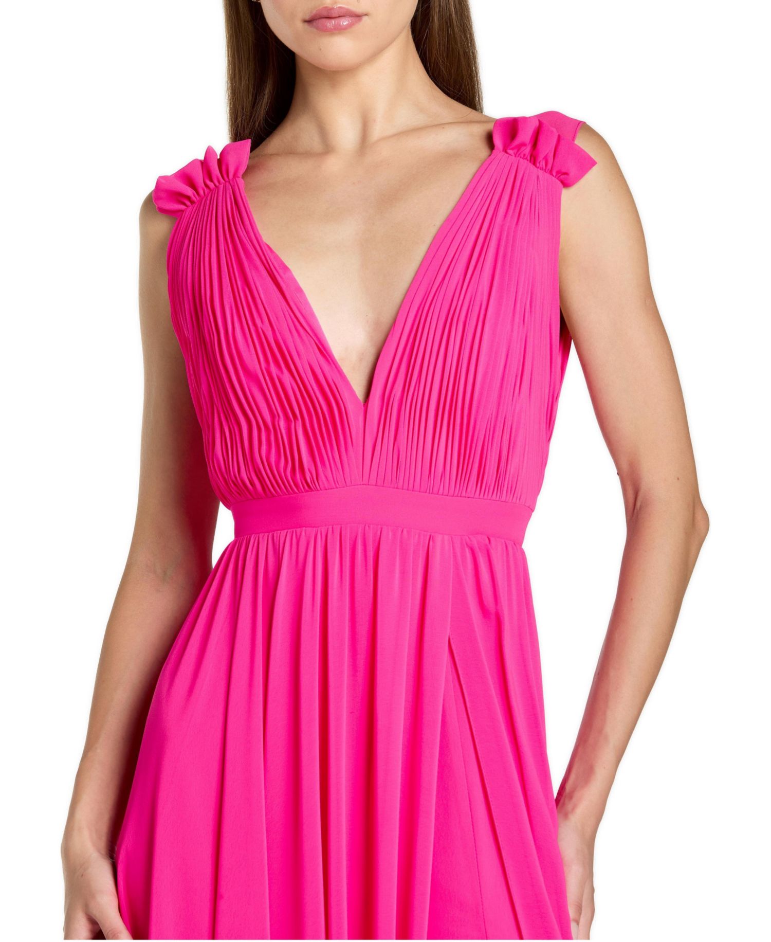 Petite Sleeveless Pleated Chiffon V-Neck Gown