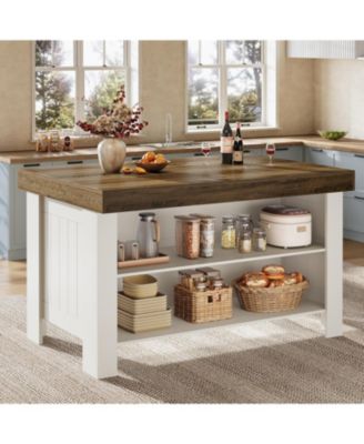 Two-Tone Kitchen Island Table with Storage Shelves, 55 Inch Counter Height Bar Table with Wood Look Top
