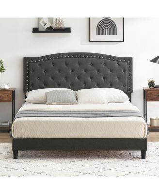 Queen Size Bed Frame with Adjustable Headboard, Upholstered Platform Bed with Wooden Slat