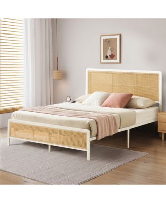 Bed Frame with Rattan Headboard, Modern Platform Bed, Heavy Duty Bed Frame With Metal Slat Support