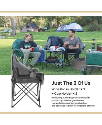  Portable Folding Double Duo Camping Chair Loveseat Couch w/ 2 Cup and Wine Glass Holders, Supports 650 lbs