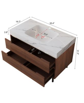 35.4 Inch Farmhouse Bathroom Vanity Sintered Stone Top Undermount Sink 4 Drawers Storage Freestanding or Wall Mounted Design