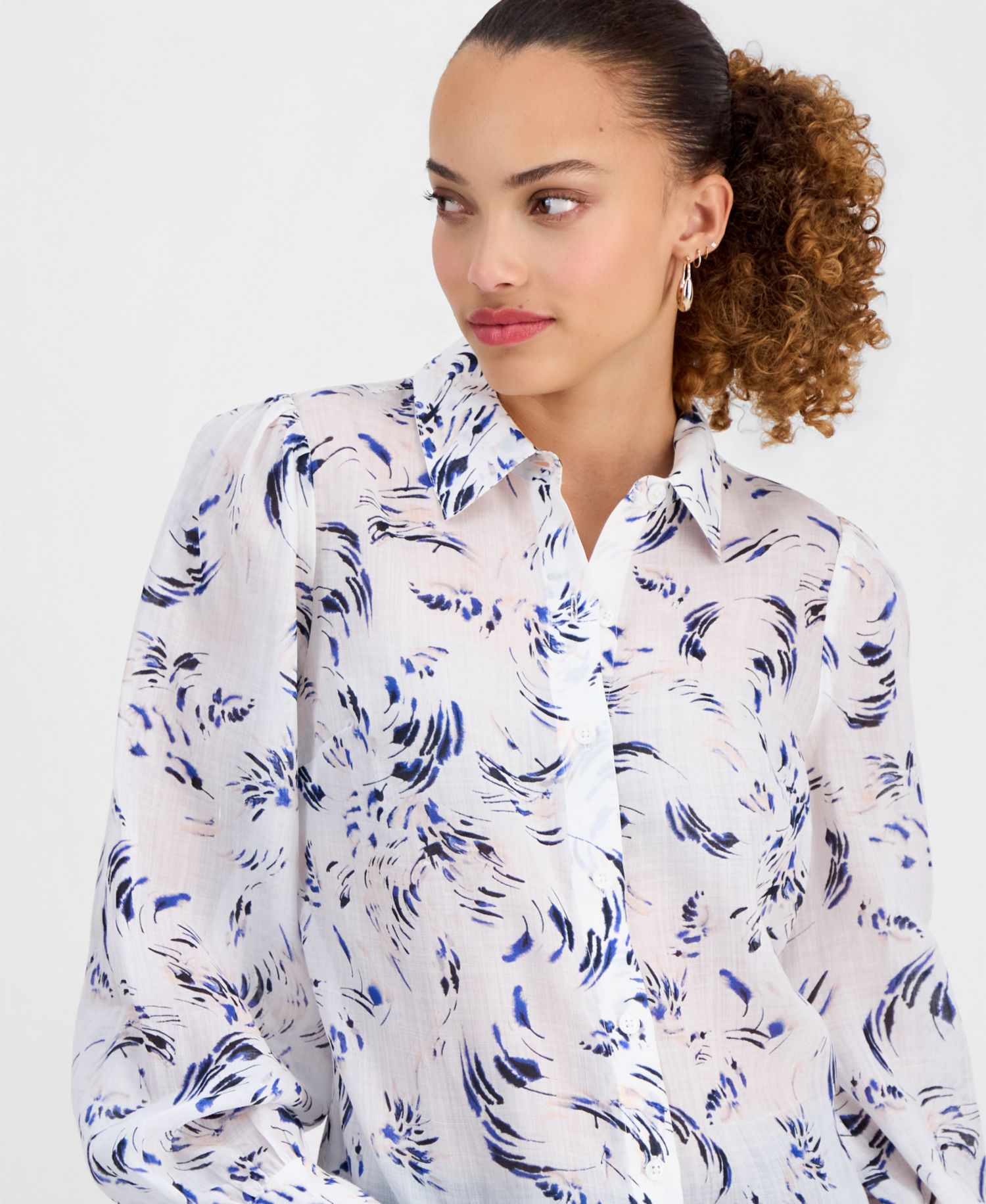 Petite Long Sleeve Printed Ramie Button Down Shirt