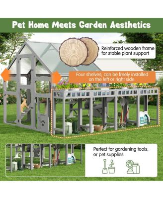 Multi-Level Cat House with Planter Stand, Bridge, Waterproof Roof for Outdoor Use