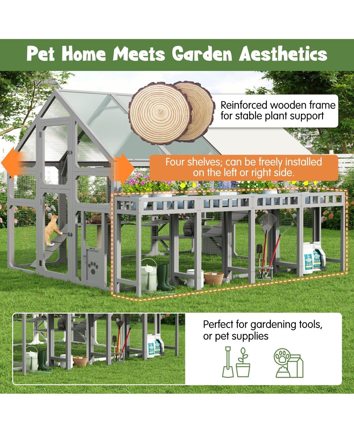 6thdruple Multi-Level Cat House with Planter Stand, Bridge, Waterproof Roof for Outdoor Use