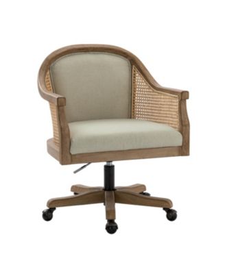 Ackeron Farmhouse Rattan Upholstered Office Task Chair with Solid Wood Arms