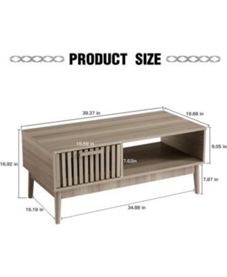 39.4" Mid Century Modern Coffee Table with Storage, 2-Tier Fluted Rectangle Center Table with Drawer, Open Shelf and Wood Legs for Living Room