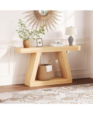 Farmhouse Console Table with Trapezium Design - 55" Wooden Sofa Table with Open Storage Shelf, Industrial Entryway Table