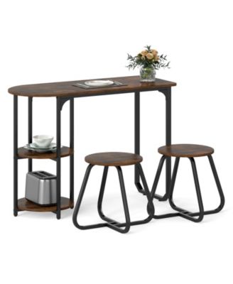 3-Piece Industrial Dining Set with Side Shelves and 2 Stools