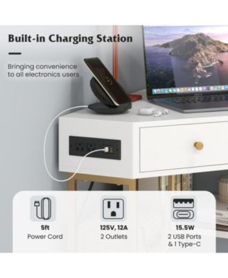 Triangular Corner Desk with Charging Station, 2 Drawers and Bottom Storage Shelf