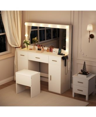 Vanity Desk with Mirror and Lights, Large Makeup Vanity Table with Power Outlet and Stool, Vanity Dressing Table for Bedroom Dressing Room