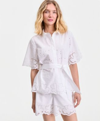 Women's Cotton Eyelet Tie-Waist Blouse