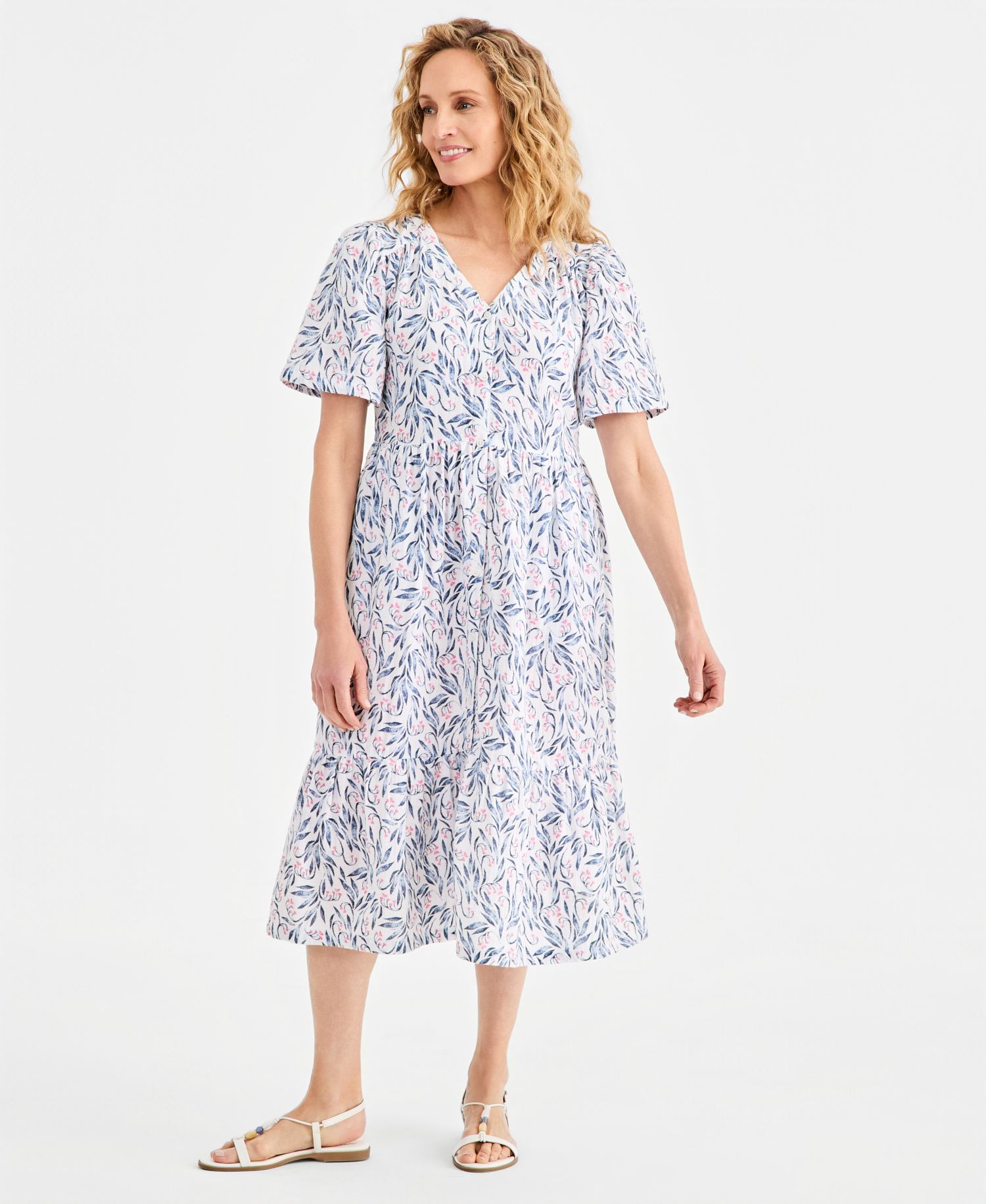 Women's Cotton Gauze Tiered Button-Front Midi Dress