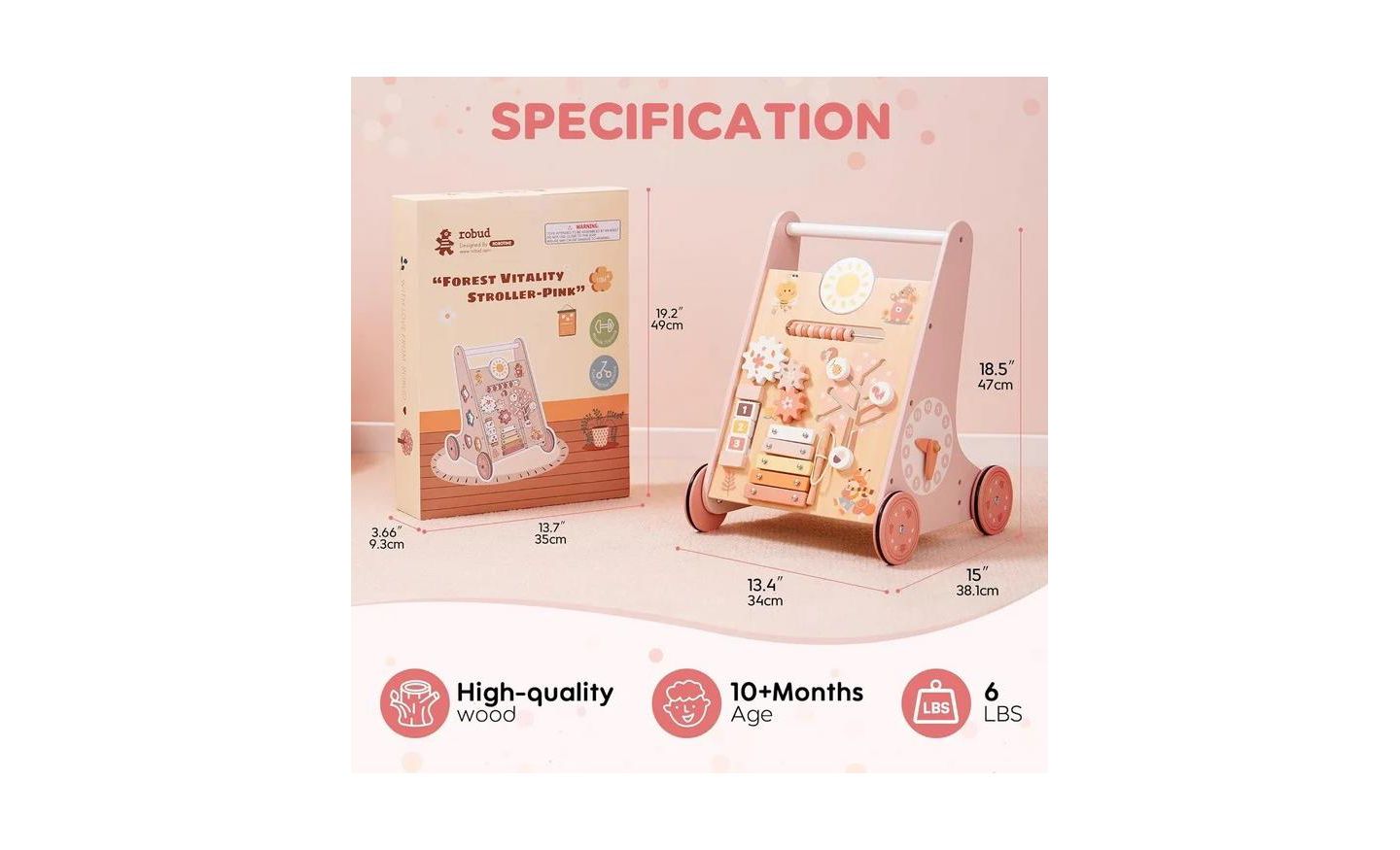Детская игрушка Robotime Wooden Baby Walker, with Wheels, Montessori Push Toys for Babies Learning to Walk, Baby Walkers Activity Center for Boys and Girls — фото 2