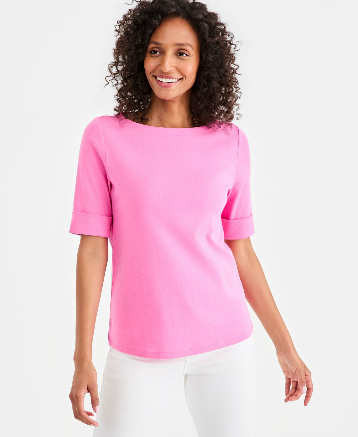 Petite Cotton Elbow-Sleeve Boat-Neck Top