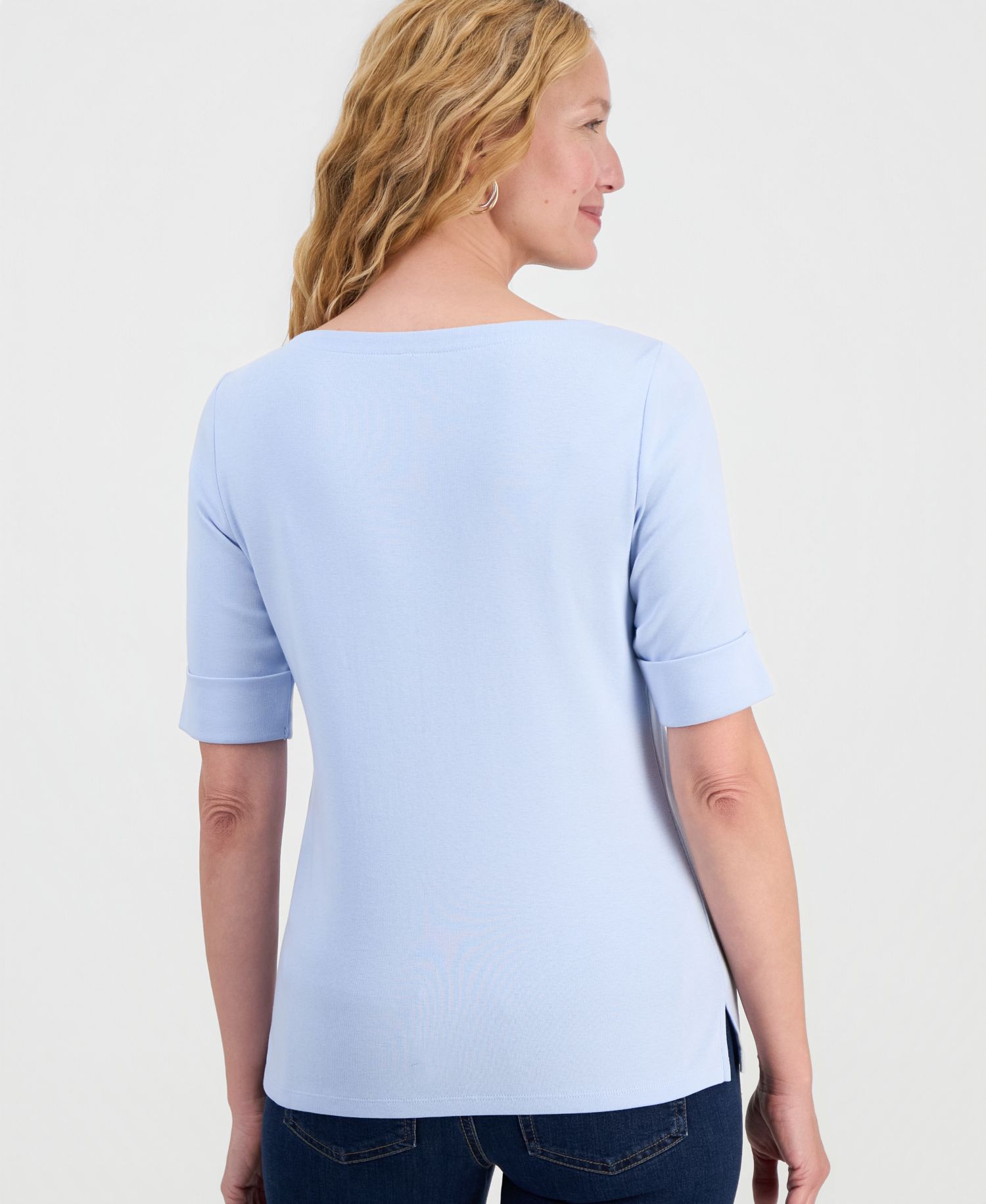Petite Cotton Elbow-Sleeve Boat-Neck Top