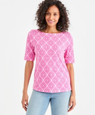 Style Co Womens Printed Boat Neck Elbow Sleeve Top Macys Exclusive