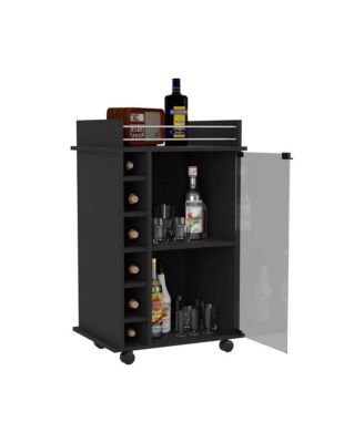 Wengue 2-Tier Glass Door Bar Cart with 6 Cubbies and Lockable Wheels