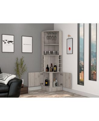 Corner Bar Cabinet with 8 Bottle Cubbies, Double Door and 2 Open Shelves
