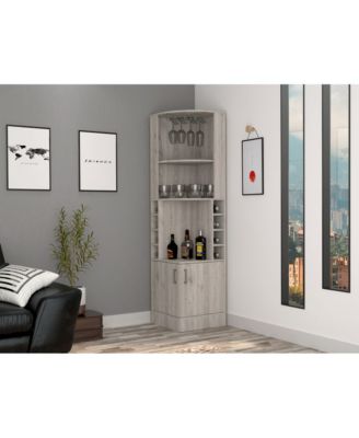 Corner Bar Cabinet with 8 Bottle Cubbies, Double Door and 2 Open Shelves