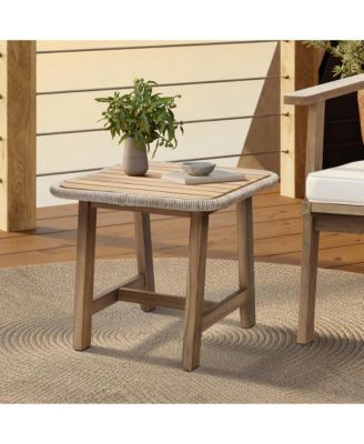  Outdoor Side Table, Acacia Wood Patio End Table with Woven Wicker Trim, Small Outdoor Accent Tables for Patio, Balcony, Garden