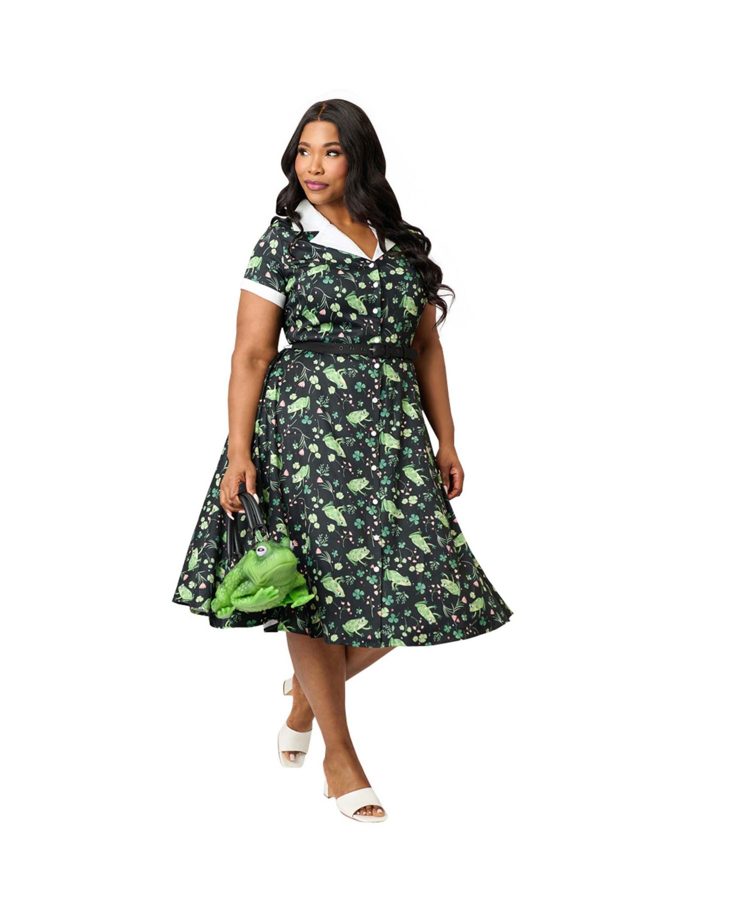 Plus Size Collared Short Sleeved Belted Swing Dress