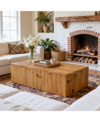 47-inch Rectangle Solid Wood Block Coffee Table, Retro Style