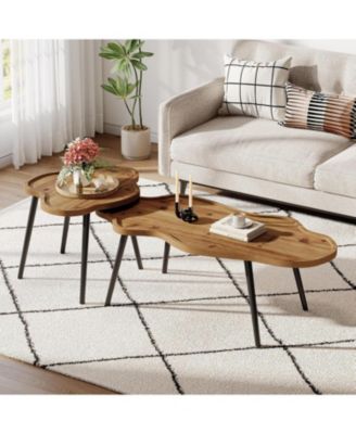 Nesting Coffee Table Set of 2, Solid Wood Coffee Tables with Cloud Tabletop