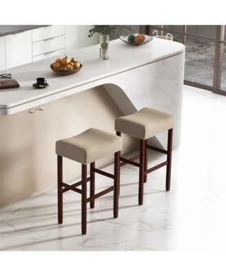 Set of 4 Bar Stools Bar Height Saddle Kitchen Chairs with Wooden Legs