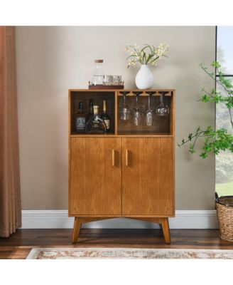 Wine Cabinet with Wine Glass Holder and Adjustable Shelf, Farmhouse Buffet Sideboard