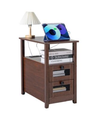  Farmhouse End Table with Charging Station, 4-Tier Storage, 23.98 x 14.02 x 24.02 in