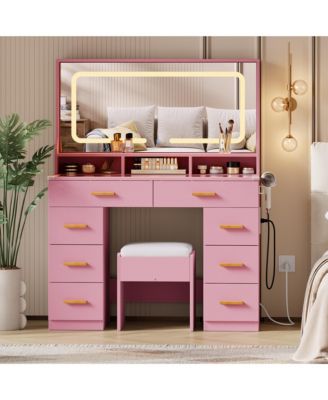 Makeup Vanity Desk Set with Large Lighted Mirror, 8 Drawers, 3 Storage Shelves, Glass Top, Stool, Built-in Power Outlet