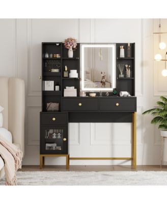  Modern Vanity Desk with LED Lighted Mirror - 3-Color Dimmable Lighting, USB Charging Station, Hidden Jewelry Cabinet, Drawers and Shelves